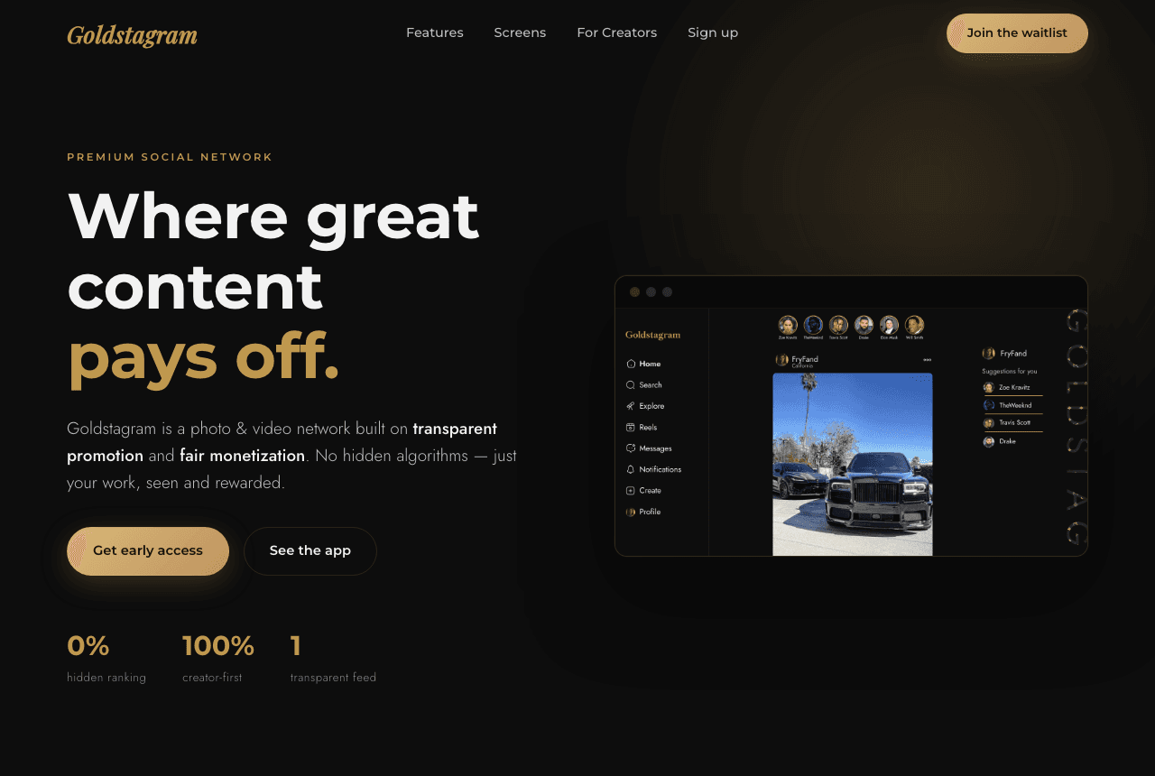 Goldstagram — Premium social app landing