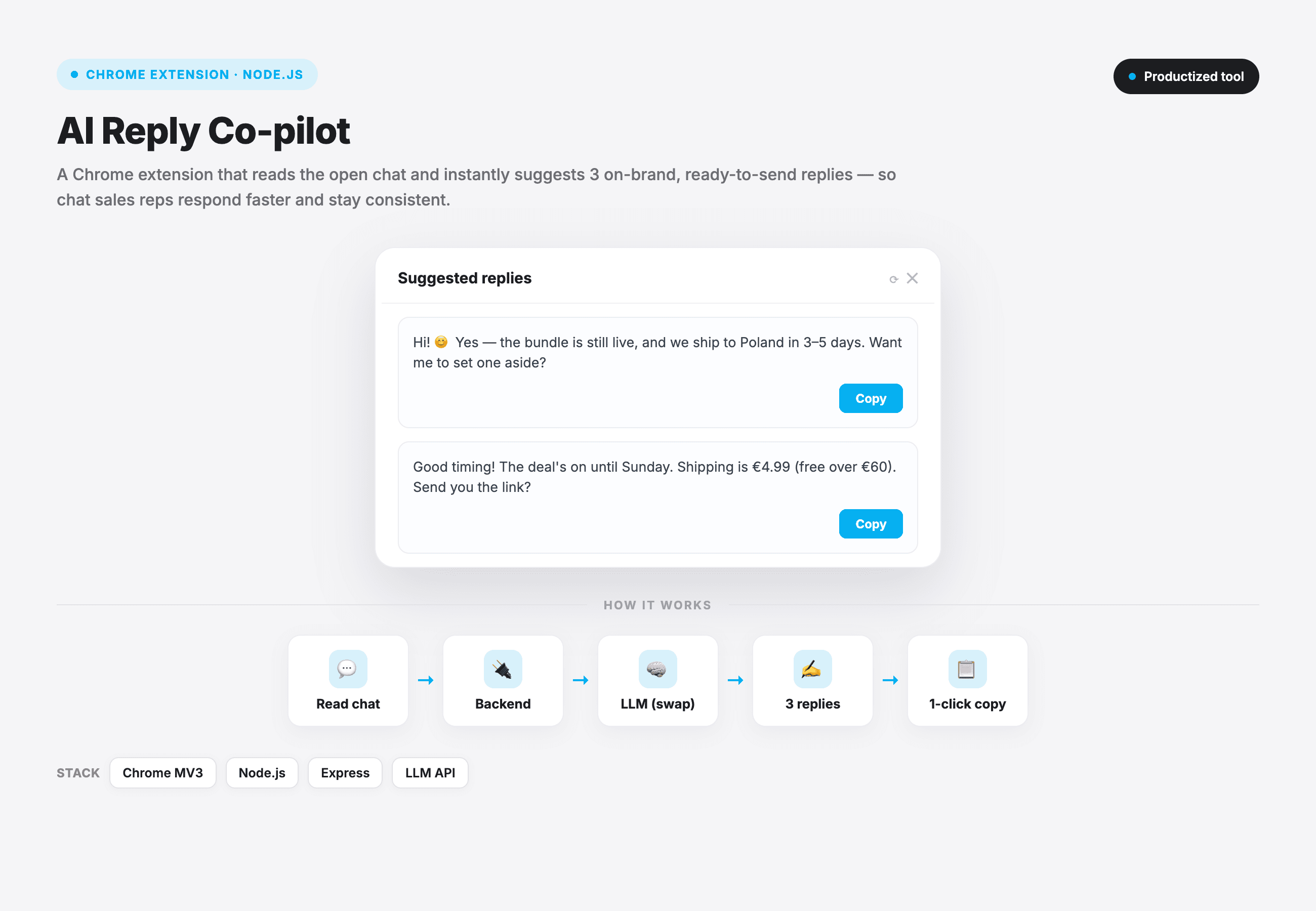 AI Reply Copilot — On-brand reply suggestions, in-chat