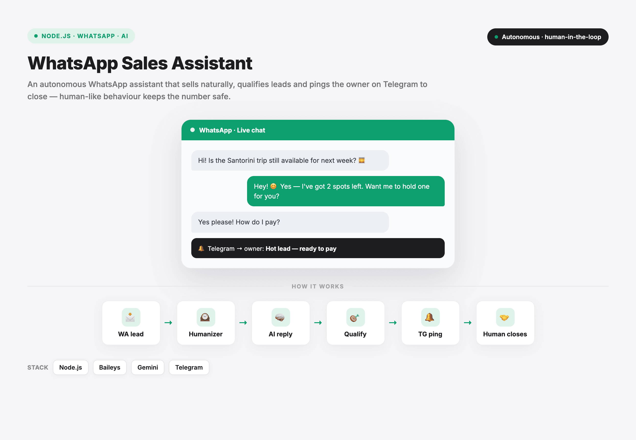 WhatsApp Sales Assistant — An autonomous rep that qualifies & sells